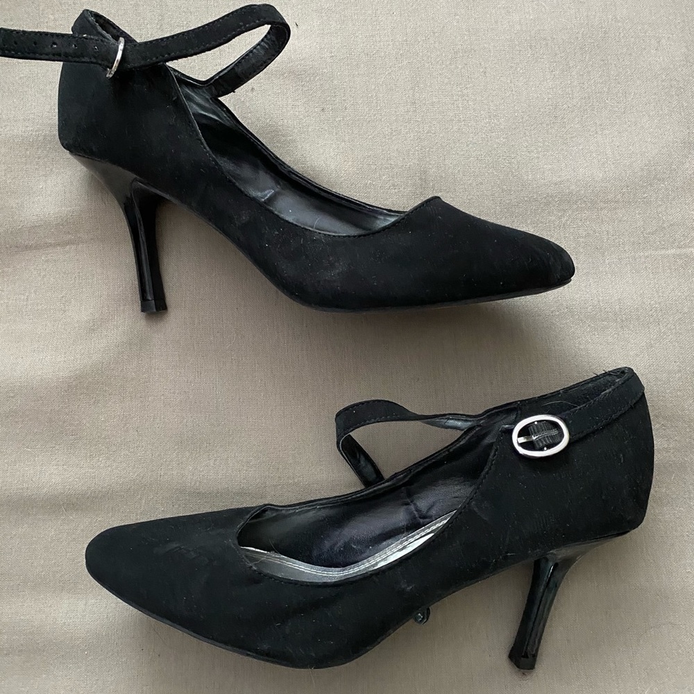 Black suede buckled heels